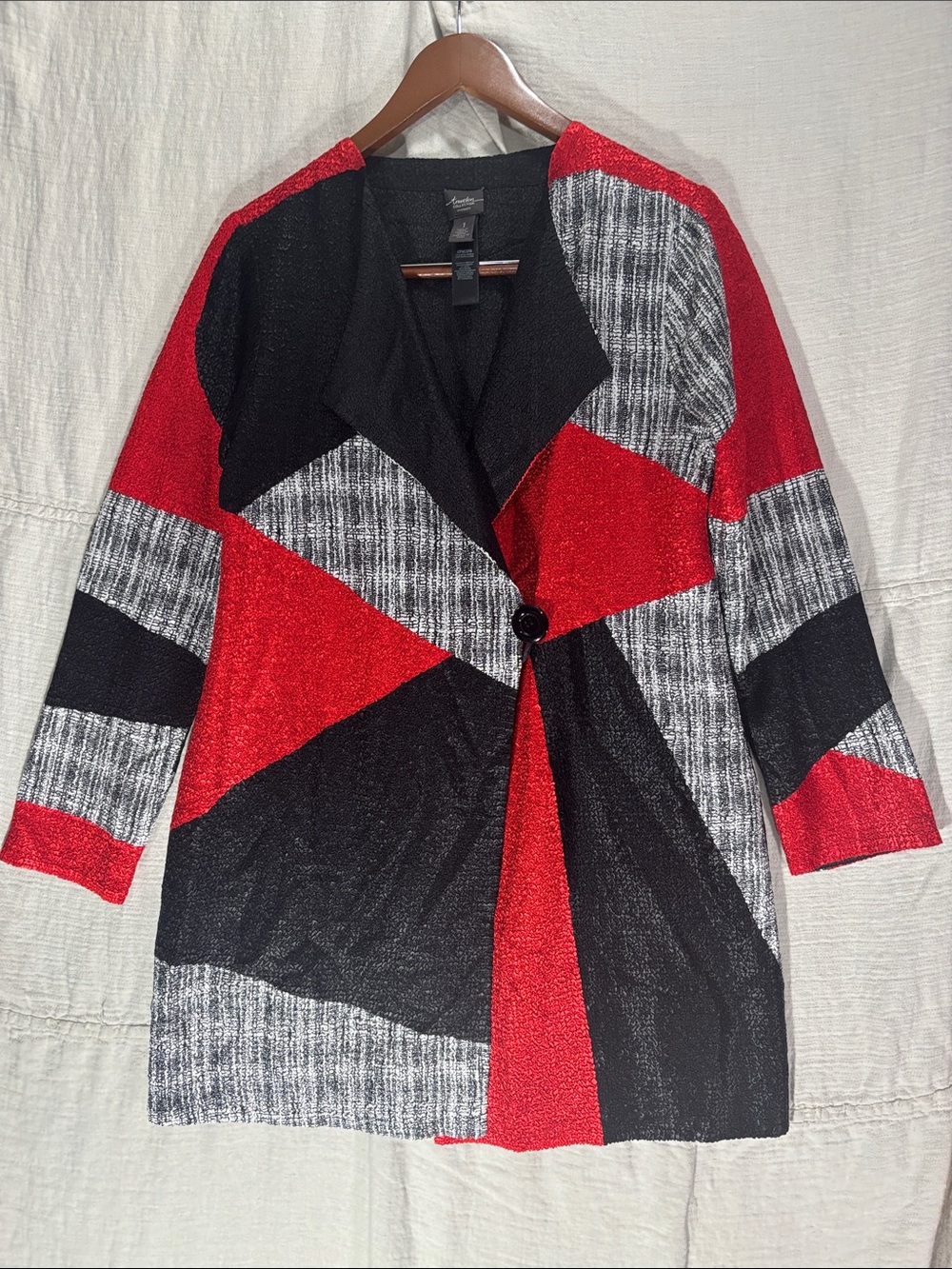Chico's Travelers Collection Patchwork Geometric Jacket Red Black Size 1 Medium